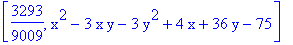 [3293/9009, x^2-3*x*y-3*y^2+4*x+36*y-75]